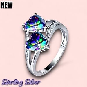 New Mystic Rainbow .925 Sterling Silver Dual Heart Cut Ring CZ Stones